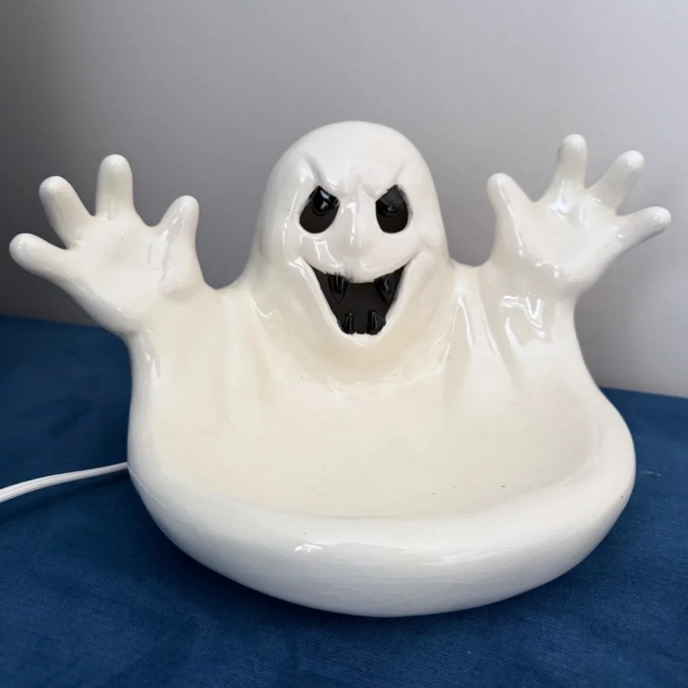 Vintage 90s Halloween Ghost Candy Bowl Light Up  Ceramic White Spooky Boo Decor